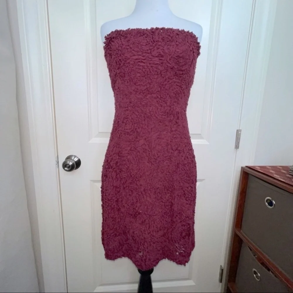 Storia Textured Floral Mini Dress Strapless Bodycon Maroon L - Picture 3 of 17